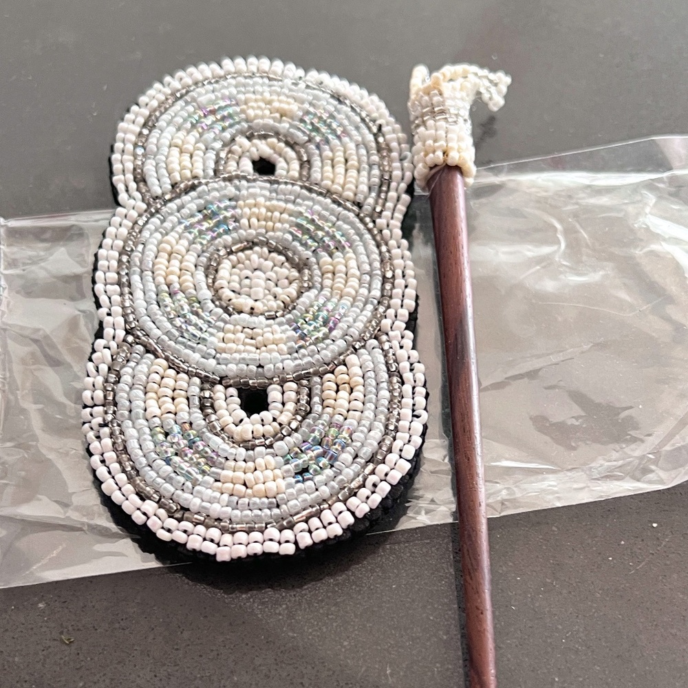 BEADED HAIR ORNAMENT with bamboo stick , 4.5inches across, cloth lining on back